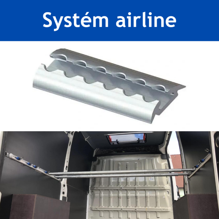 Systém airline, úchyt do lišty airline, příčná vzpěra do lišty airline, popruh upínací s ráčnou, airline bod, oka na uchycení sítě, plachty z vnějšku bočnic